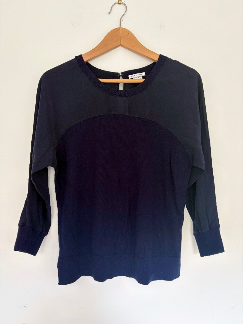 Club Monaco Wool Sweater with Sheer Silk Yoke and Sleeves Navy Blue Women's M